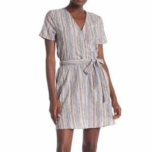 Susina Cotton Blend Navy Pink Striped V-Neck Faux Wrap Dress Size Medium